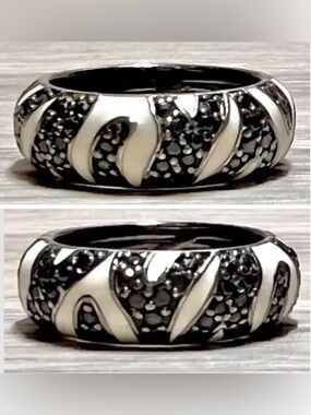 Designer Hidalgo Sterling Silver & White Enamel Black Pave CZ Band Ring, Size 5